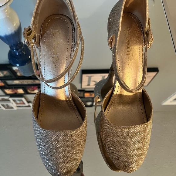 Gold Mary Jane Double Strap Heels - Picture 1 of 6